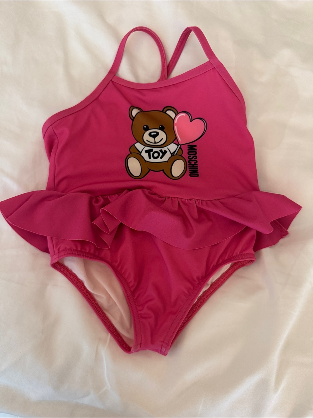 Moschino Kids Hot Pink Teddy Heart Ruffle One-Piece Swimsuit
